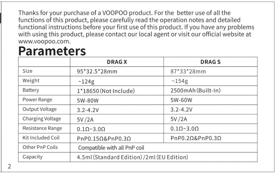 Voopoo Drag X Instruction Manual (from PDF, Page 2): 